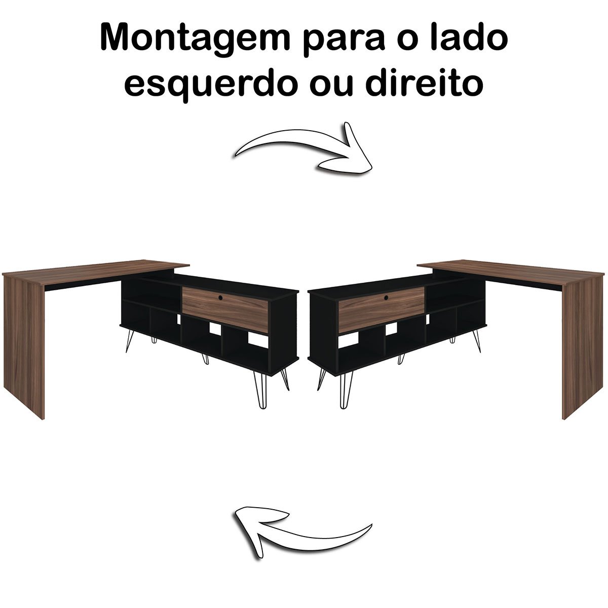 Mesa Escrivaninha em L com Porta e 6 Nichos Hawaii Ipê/Preto