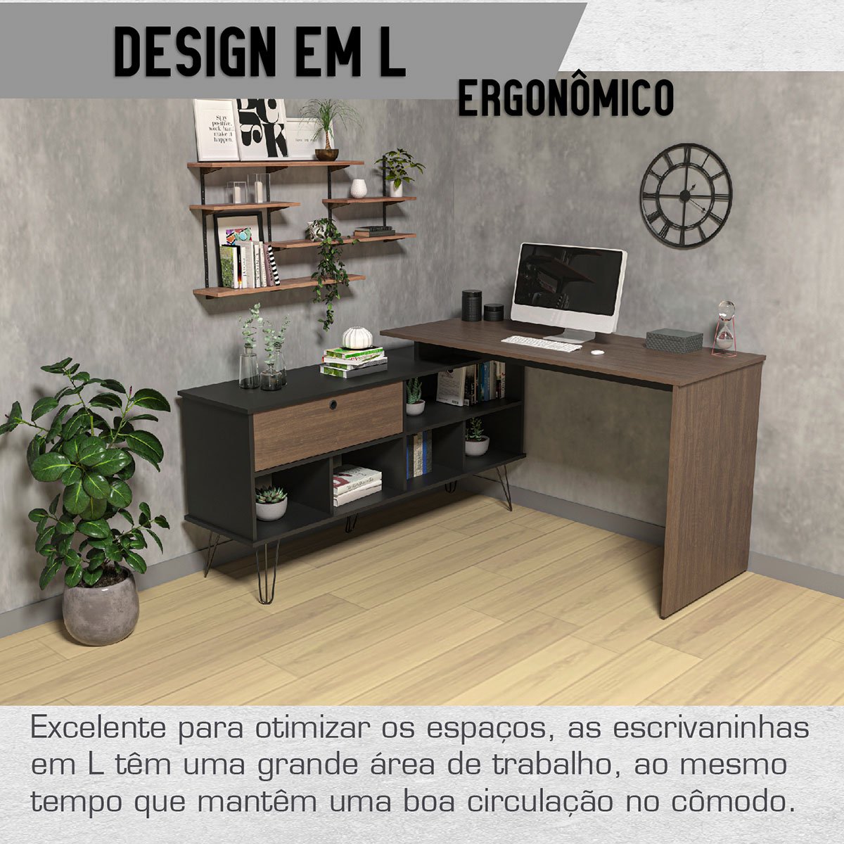 Mesa Escrivaninha em L com Porta e 6 Nichos Hawaii Ipê/Preto