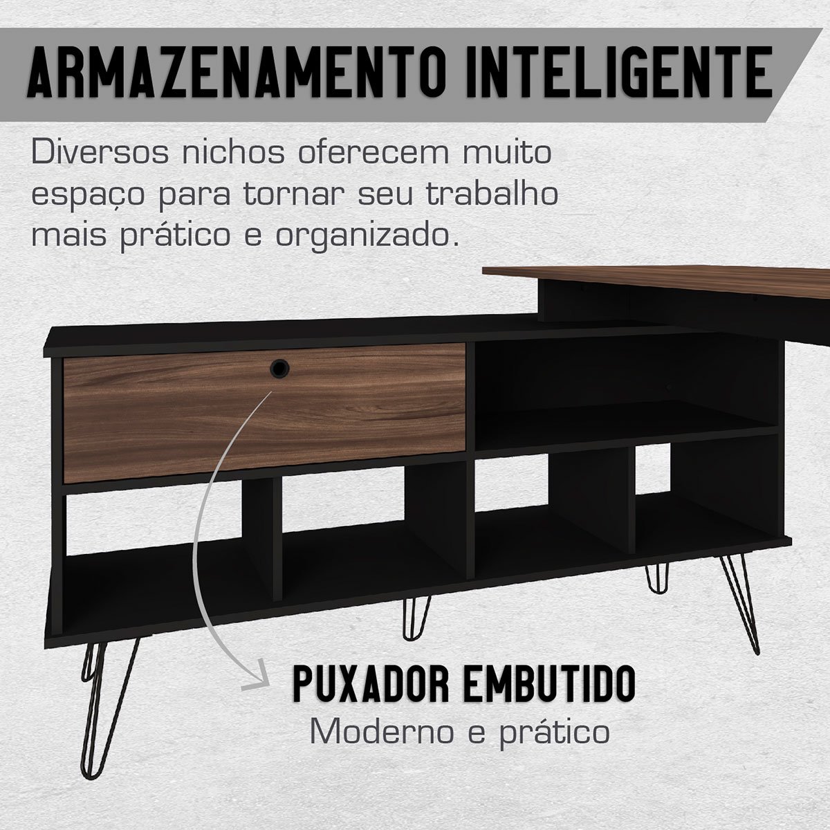 Mesa Escrivaninha em L com Porta e 6 Nichos Hawaii Ipê/Preto