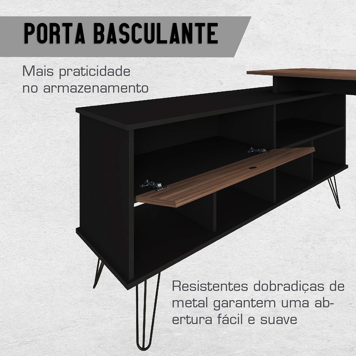 Mesa Escrivaninha em L com Porta e 6 Nichos Hawaii Ipê/Preto