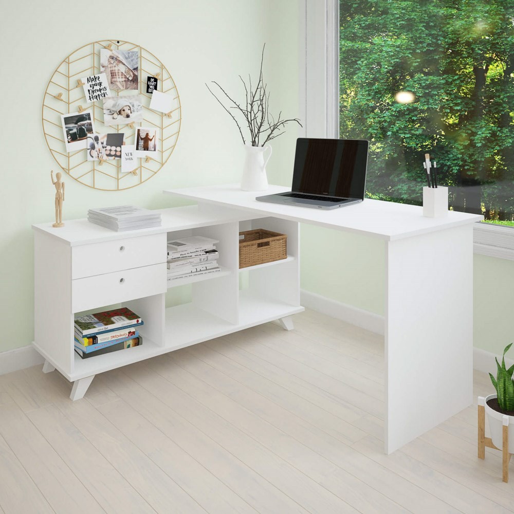 Mesa Para Computador Escrivaninha Em L Gold 2 Gavetas e Nichos Branco - Artany