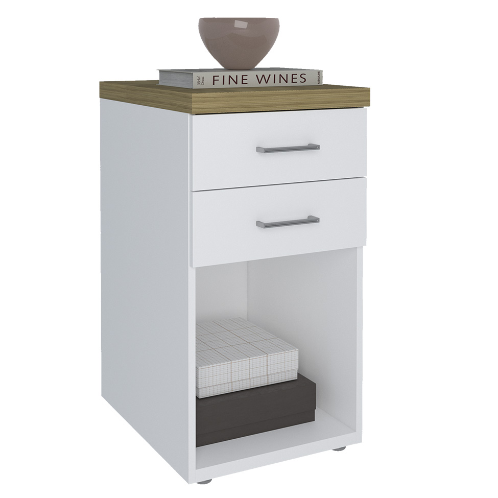 Mesa de Cabeceira Toq 2 Gavetas Branca e Olmo