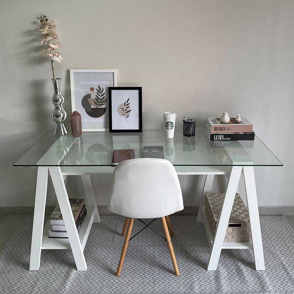 Mesa de Computador com Vidro Louisiana Branco
