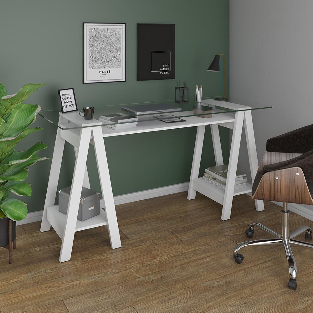 Mesa de Computador com Vidro Louisiana Branco