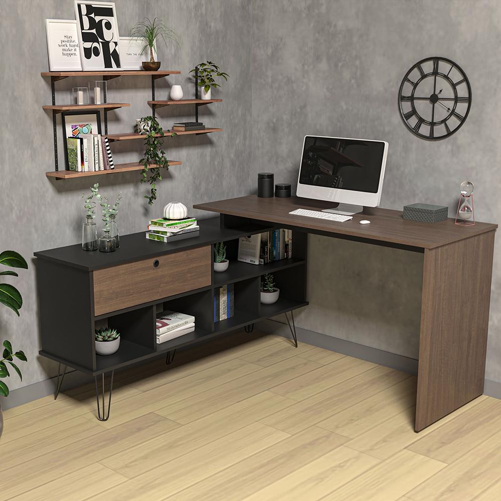 Mesa de Computador em L 1 Porta Colorado Ipê Preto