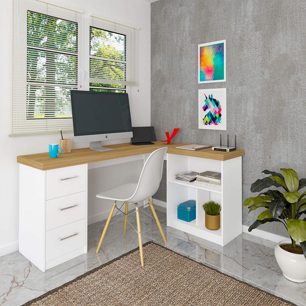 Mesa de Computador em L 3 Gavetas Alaska Olmo Branco