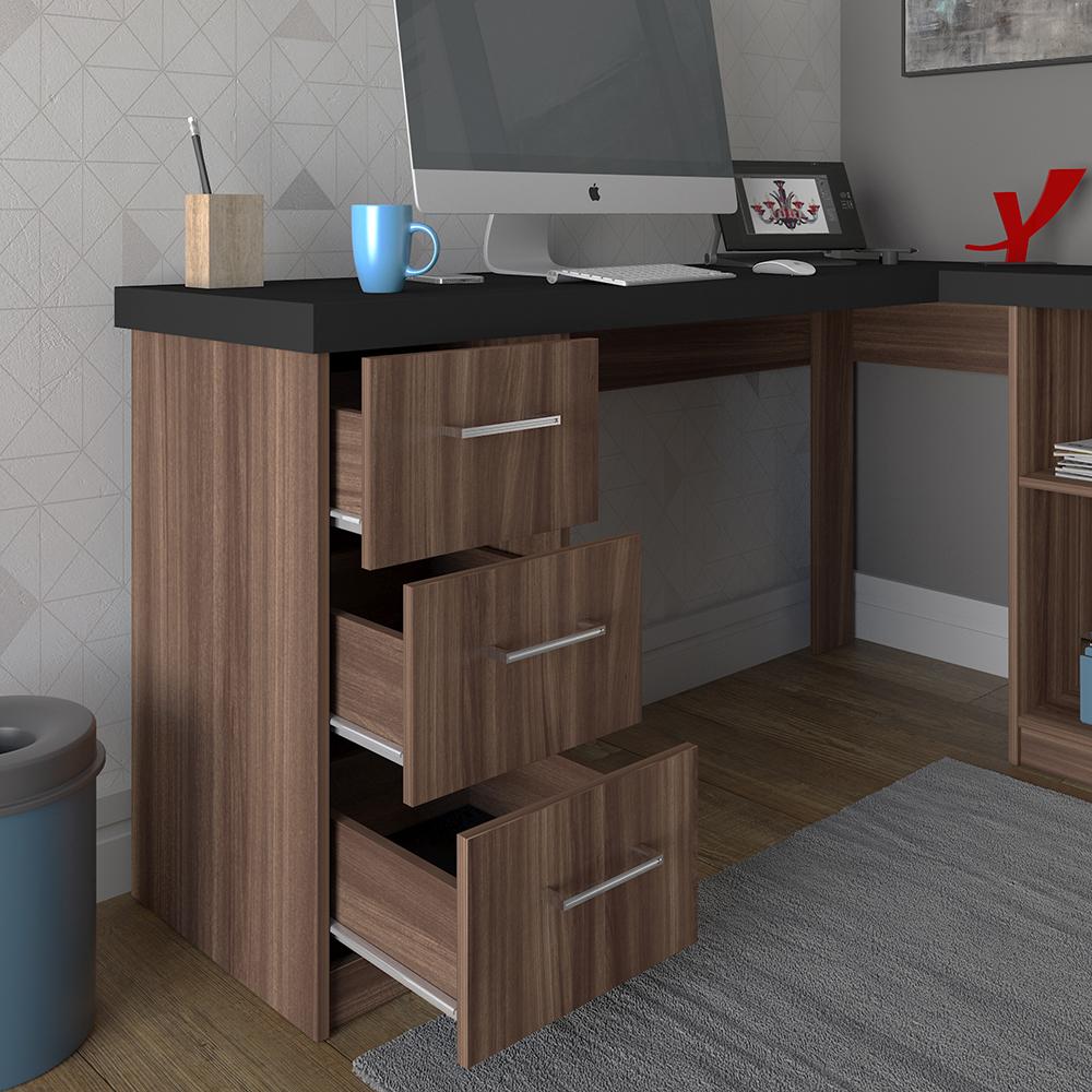 Mesa de Computador em L 3 Gavetas Alaska Preto Ipê