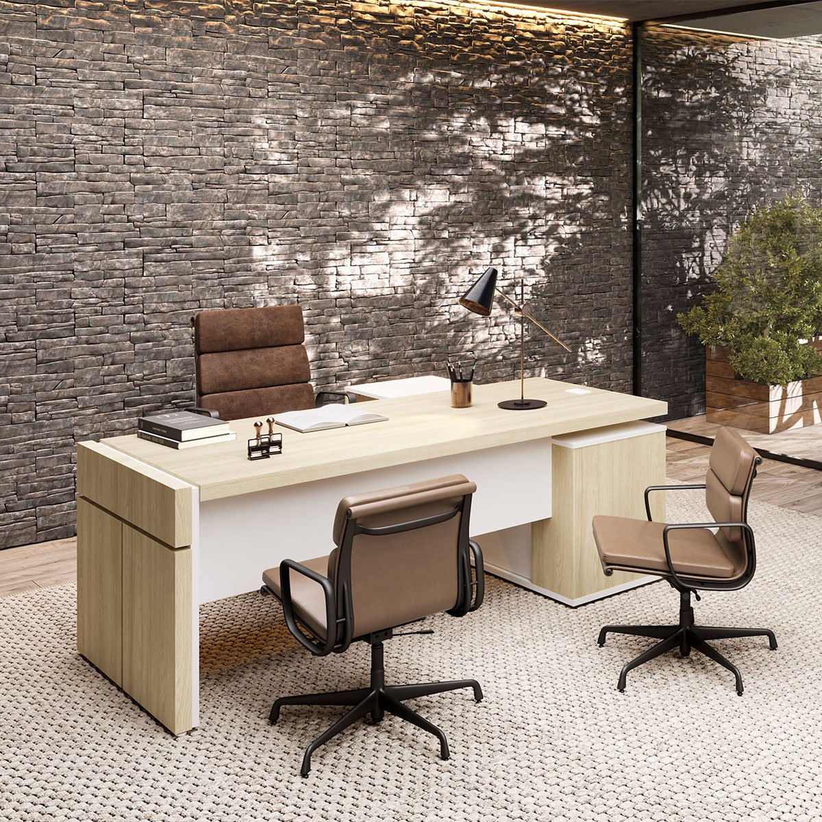 Mesa de Escritório em L Diretoria Connect Carvalho/Branco