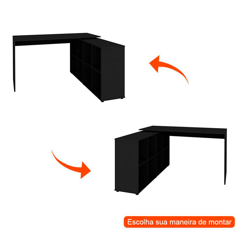 Mesa de Escritório em L Nero com Estante Star Preta