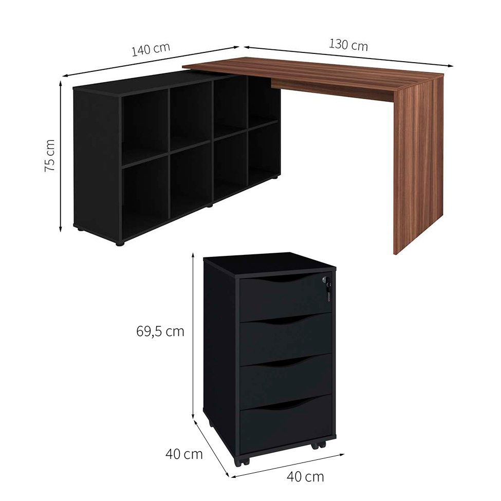 Mesa de Escritório em L Nero com Gaveteiro Bit 4 GV Ipê e Preta