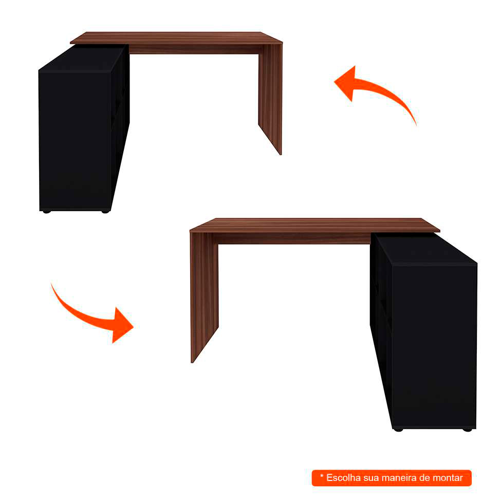 Mesa de Escritório em L Nero com Gaveteiro Bit 4 GV Ipê e Preta