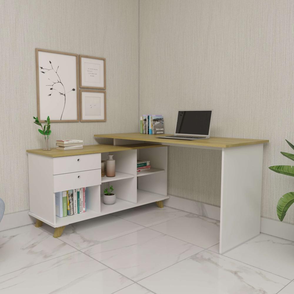 Mesa de Escritório em L Retrô 3 Gavetas Arizona Olmo Branco