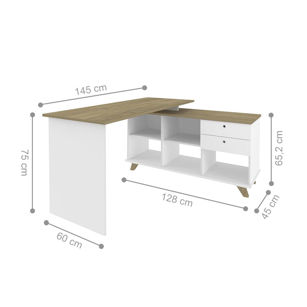 Mesa de Escritório em L Retrô 3 Gavetas Arizona Olmo Branco