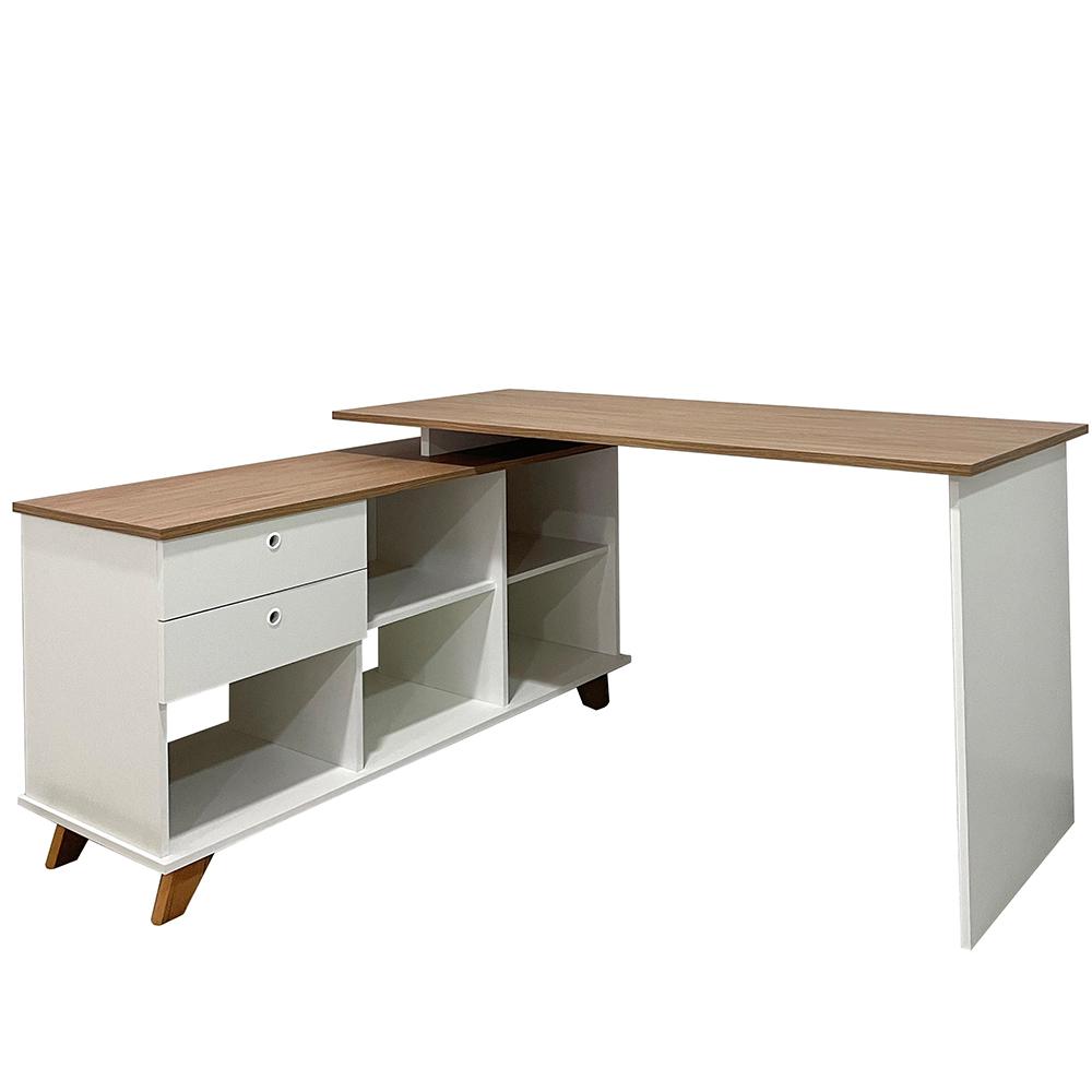 Mesa de Escritório em L Retrô 3 Gavetas Arizona Olmo Branco