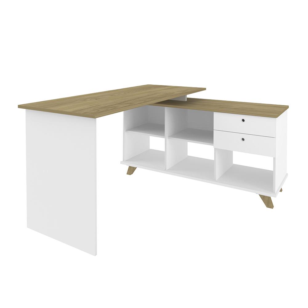 Mesa de Escritório em L Retrô 3 Gavetas Arizona Olmo Branco
