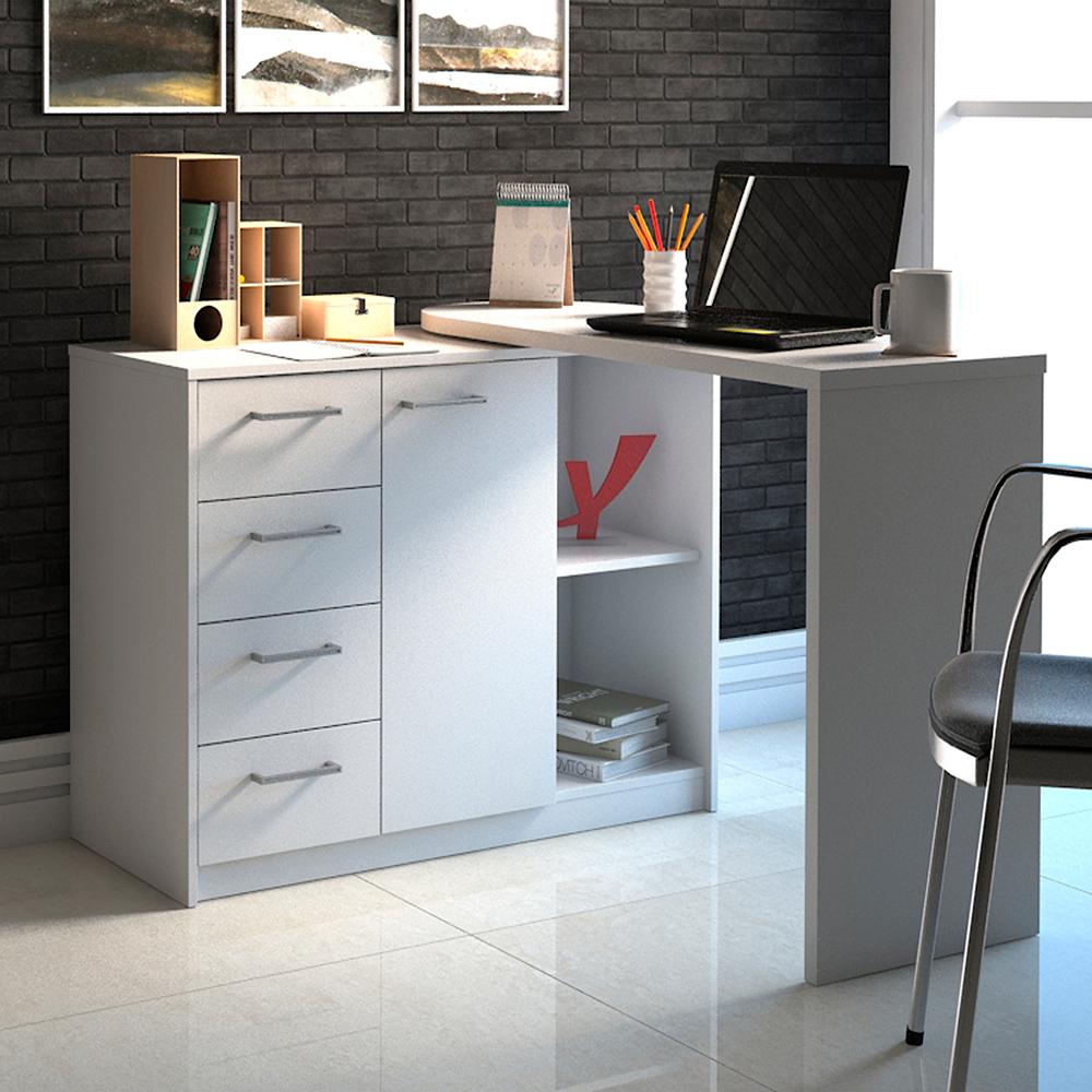 Mesa de Escritório em L Retrô 4 Gavetas Havaí Branco