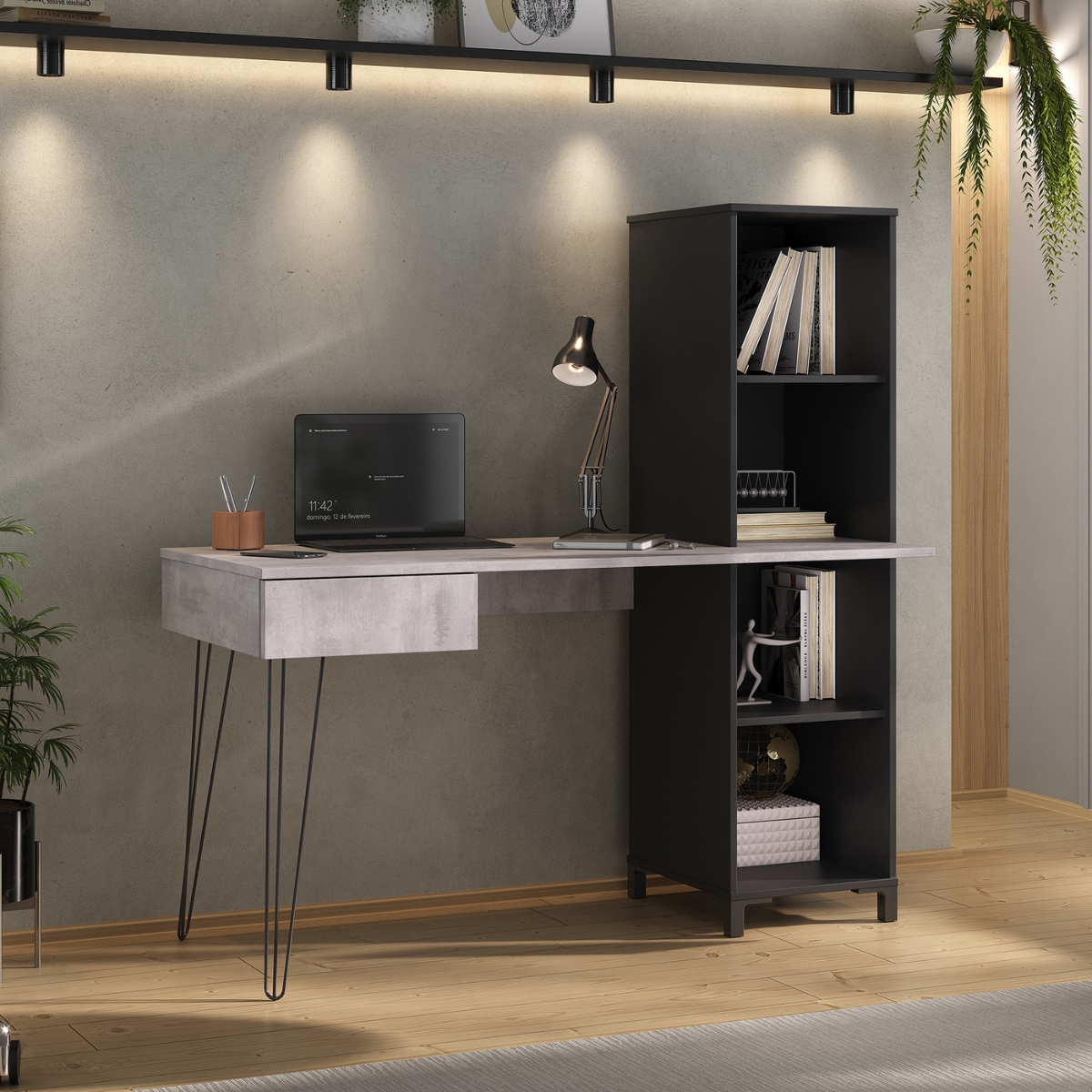 Mesa para Computador com 1 Gaveta Chipre Concreto Preto