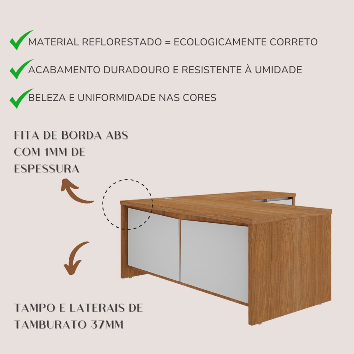 Mesa para Escritório 2 Portas 3 Gavetas Diretor em L Freijó/Branco