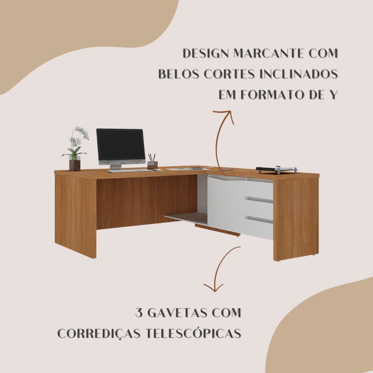 Mesa para Escritório 2 Portas 3 Gavetas Diretor em L Freijó/Branco