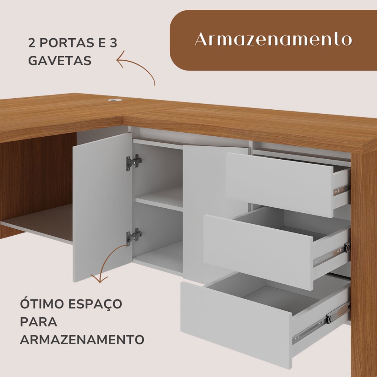 Mesa para Escritório 2 Portas 3 Gavetas Diretor em L Freijó/Branco