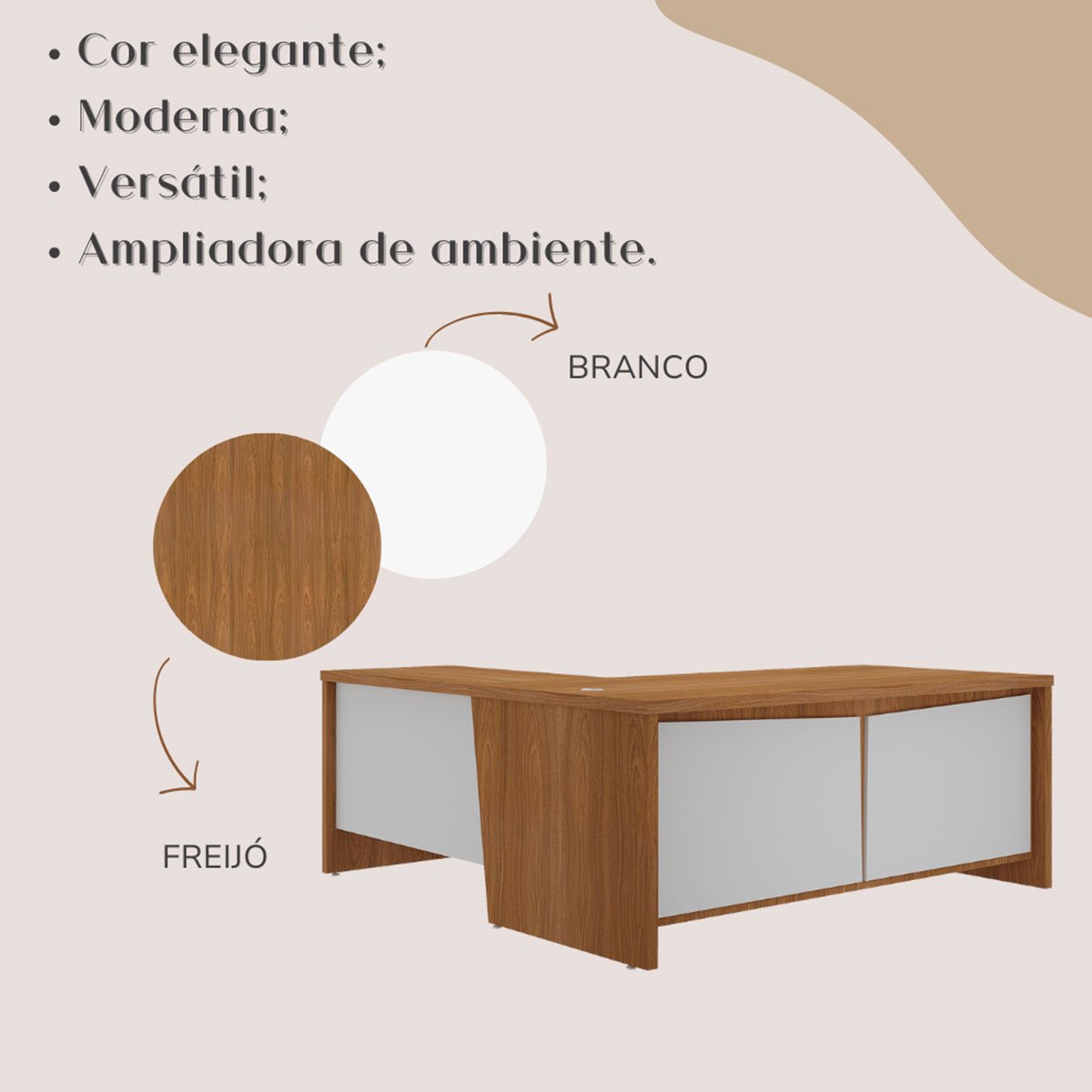 Mesa para Escritório 2 Portas 3 Gavetas Diretor em L Freijó/Branco