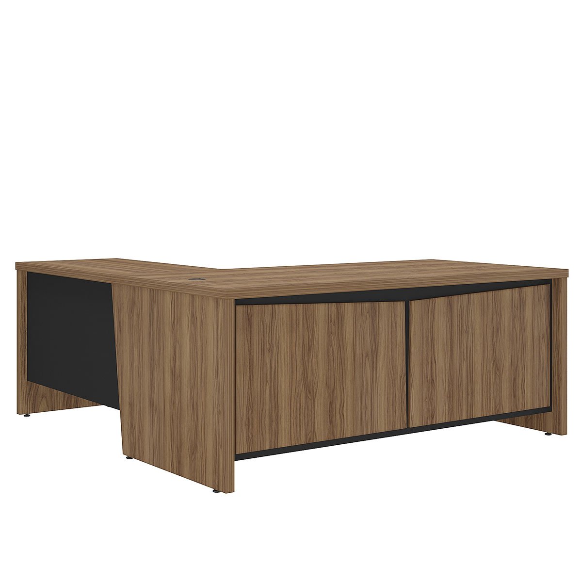 Mesa para Escritório 2 Portas 3 Gavetas Diretor em L Nogal/Preto