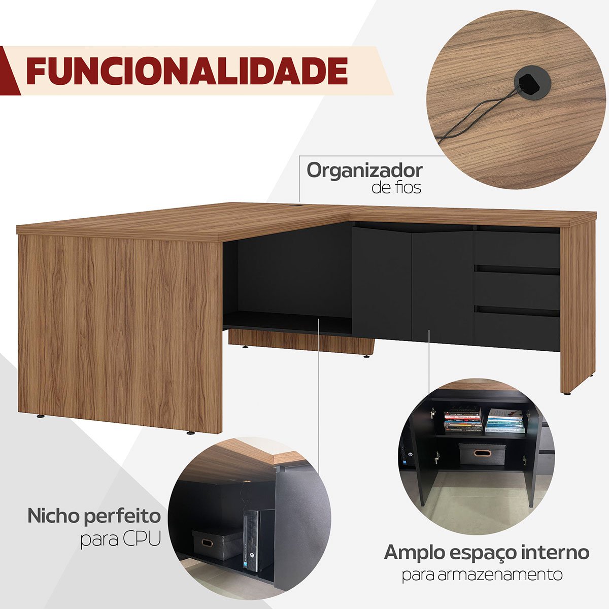 Mesa para Escritório 2 Portas 3 Gavetas Diretor em L Nogal/Preto