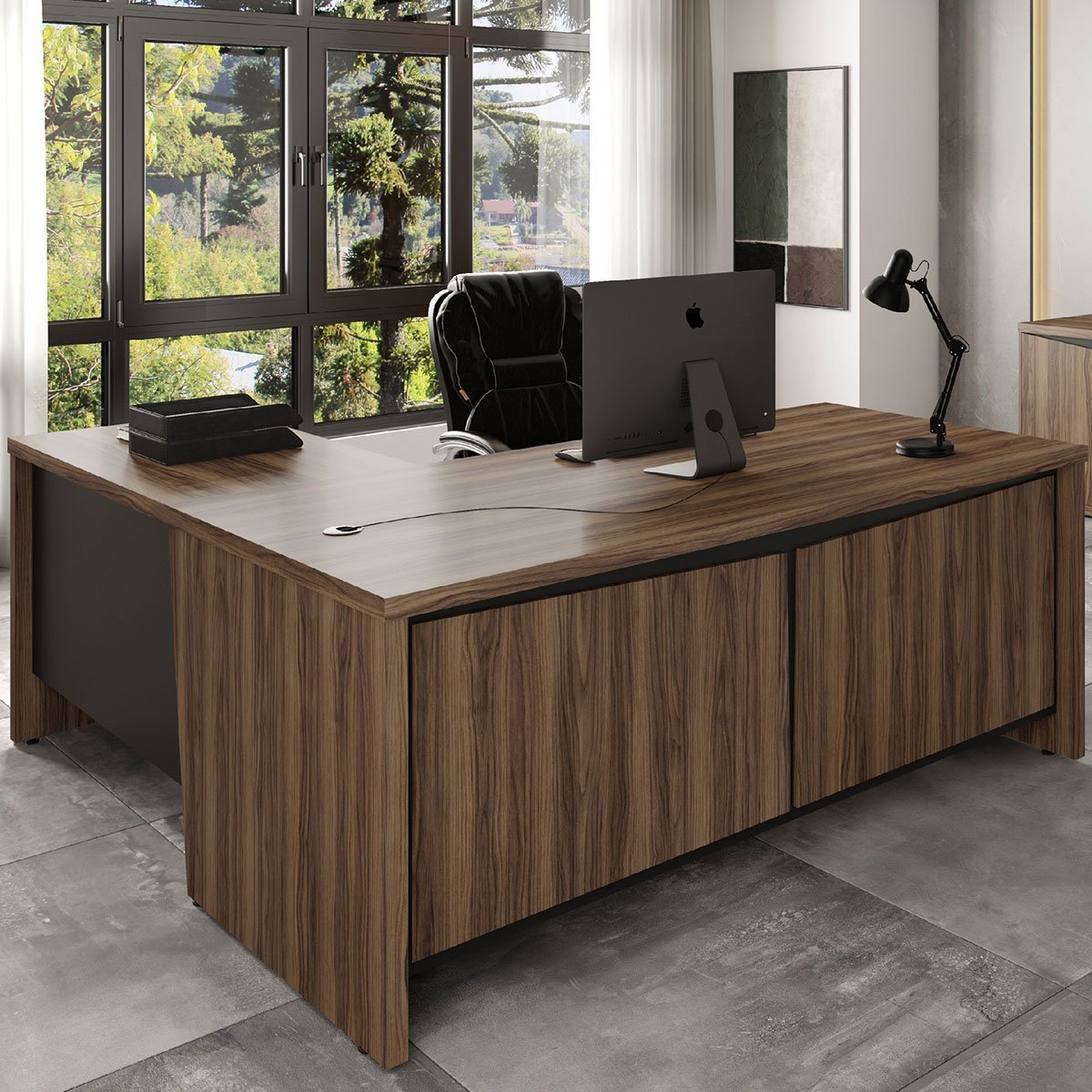 Mesa para Escritório 2 Portas 3 Gavetas Diretor em L Nogal/Preto