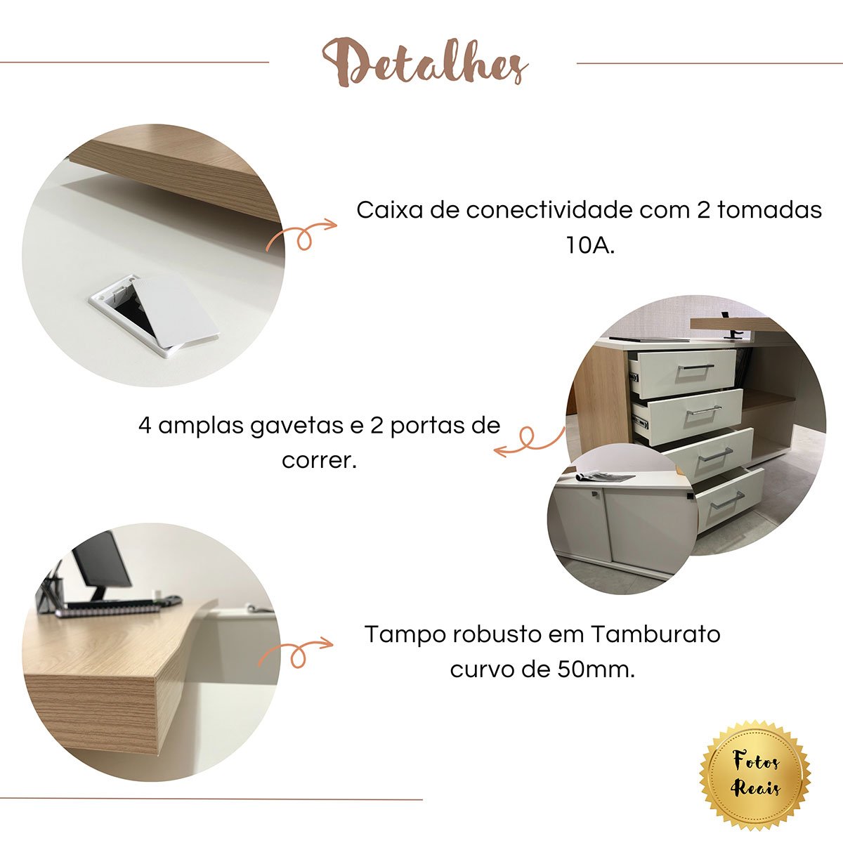 Mesa para Escritório Diretor Grande 2 Portas 4 Gavetas Carvalho/Branco