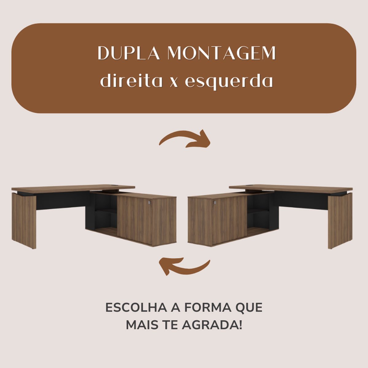 Mesa para Escritório Diretor com Porta de Correr e Nichos Nogal/Preto
