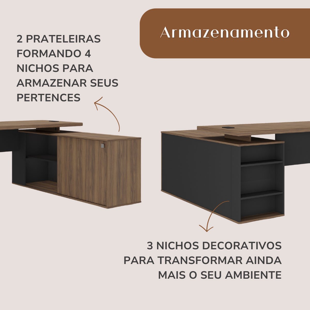 Mesa para Escritório Diretor com Porta de Correr e Nichos Nogal/Preto