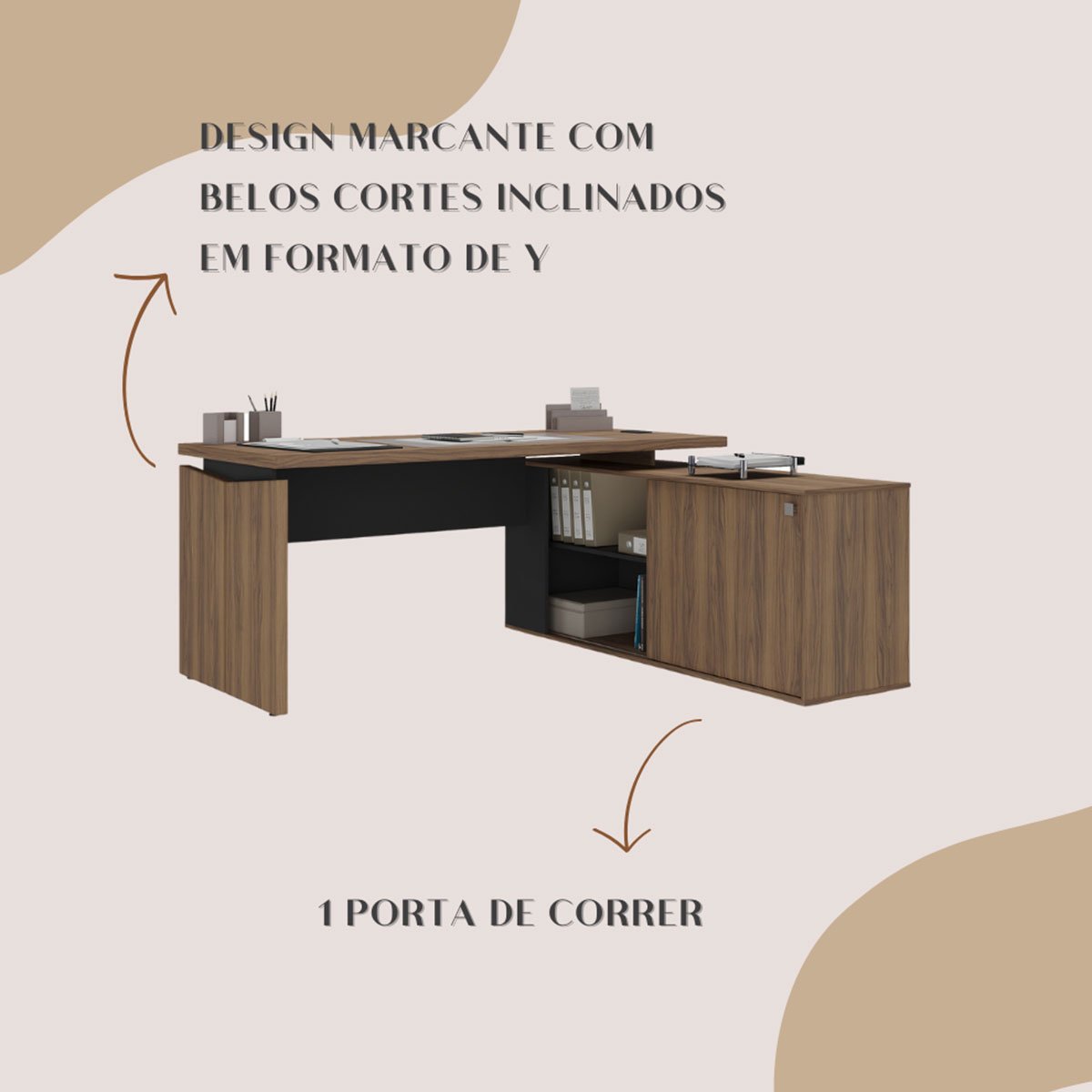 Mesa para Escritório Diretor com Porta de Correr e Nichos Nogal/Preto