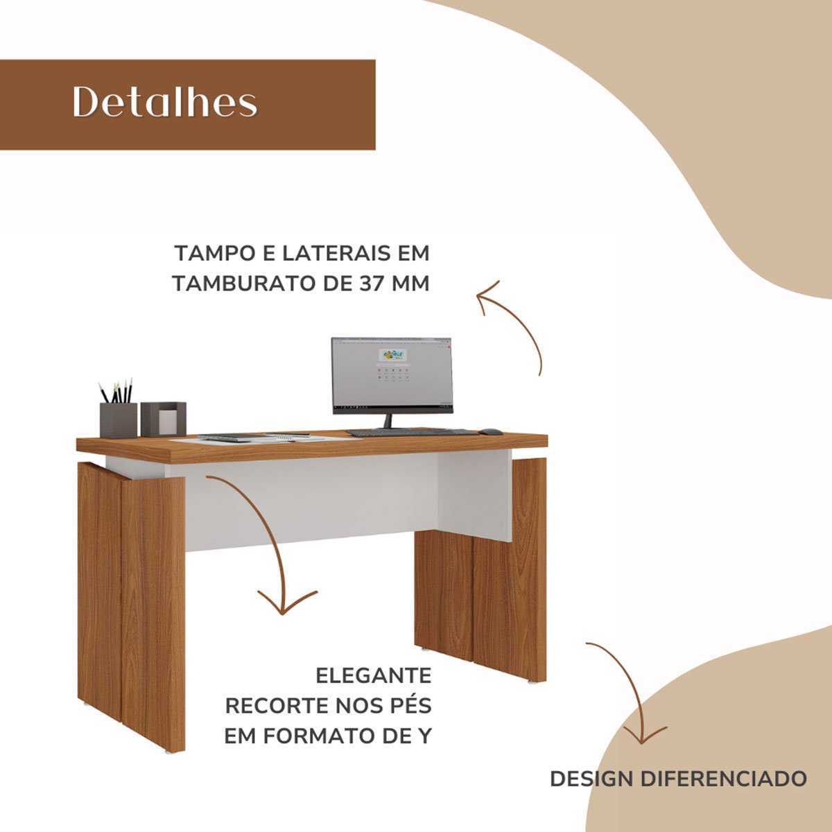 Mesa para Escritório Escrivaninha Tamburato MDP Freijó/Branco