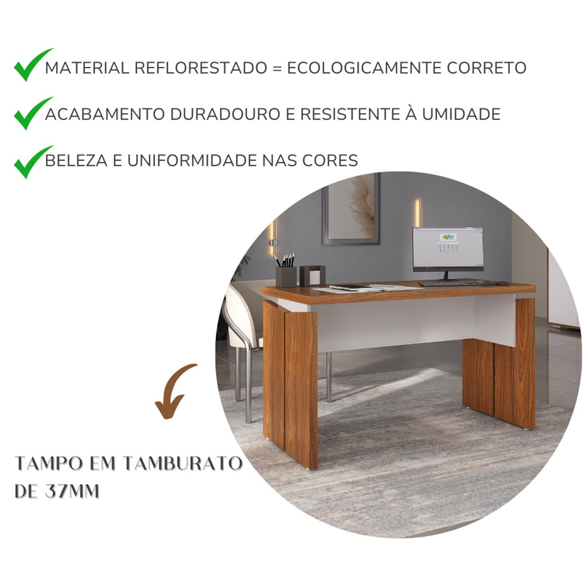 Mesa para Escritório Escrivaninha Tamburato MDP Freijó/Branco