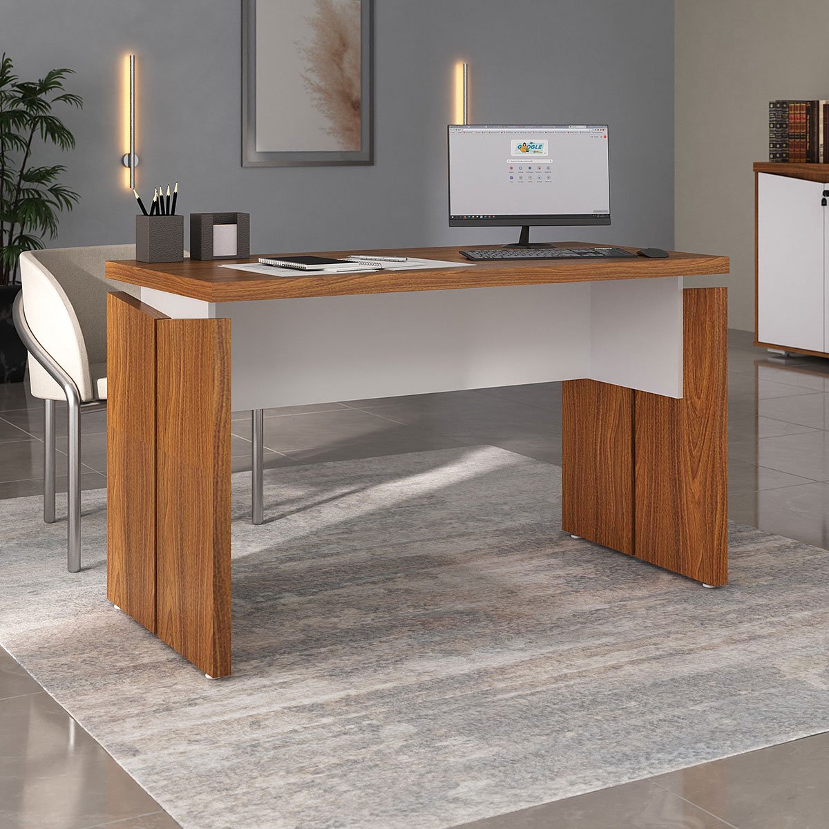 Mesa para Escritório Escrivaninha Tamburato MDP Freijó/Branco