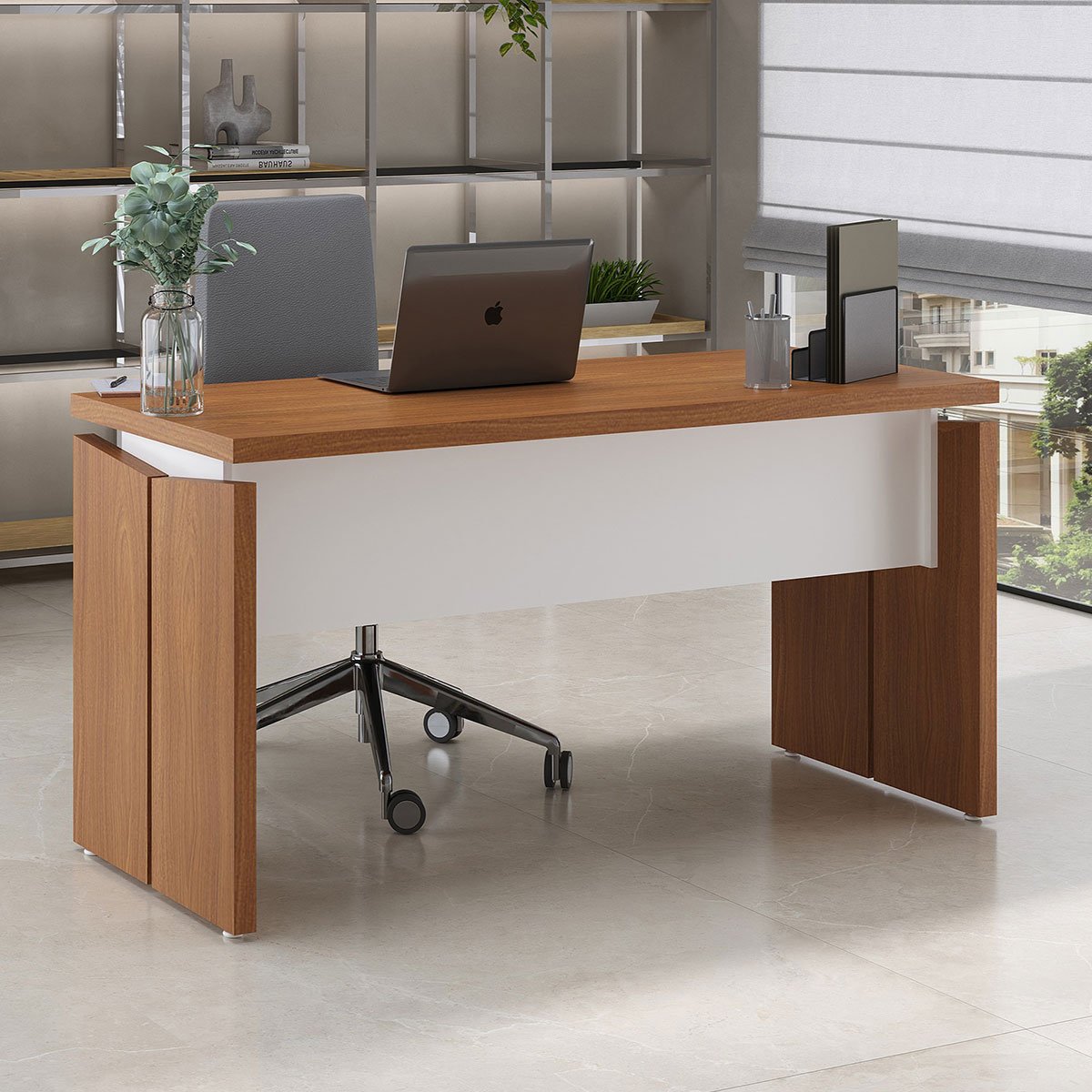 Mesa para Escritório Pequena Tamburato MDP Freijó/Branco