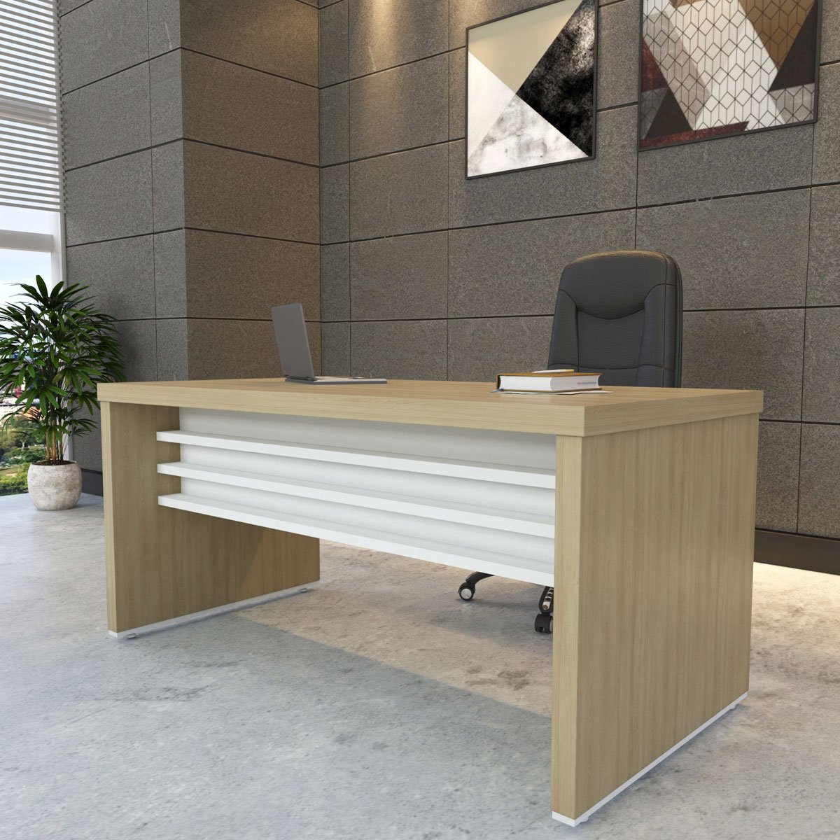 Mesa para Escritório Tamburato com Tampo Sapatas e Travessas Carvalho/Branco