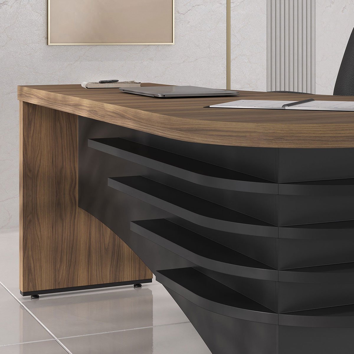 Mesa para Escritório em L Diretor Lado Direito Nogal/Preto