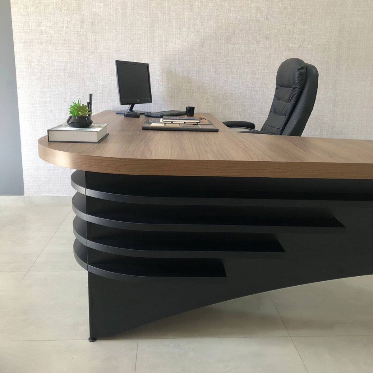 Mesa para Escritório em L Diretor Lado Esquerdo Nogal/Preto
