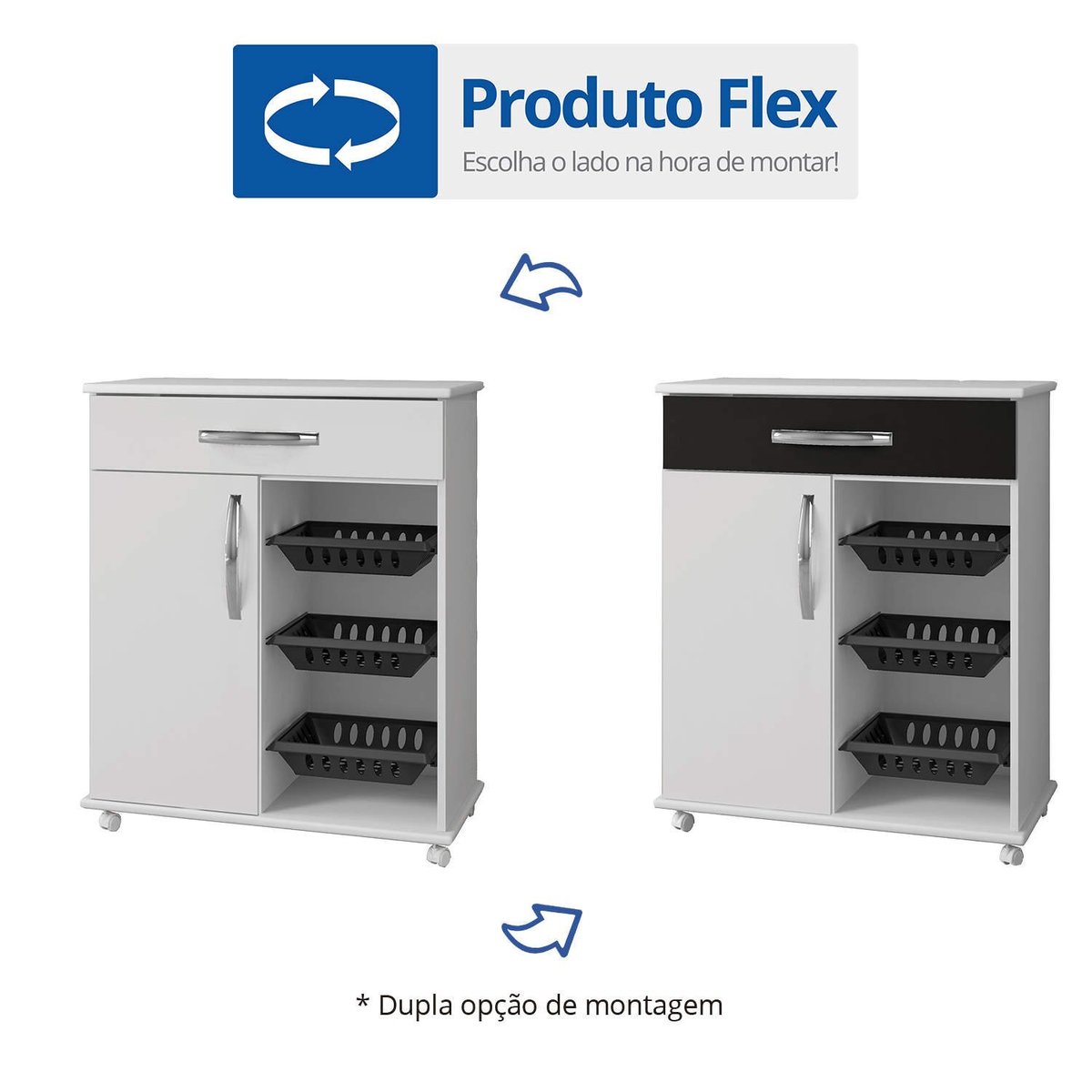 Armário Cozinha com Fruteira Salinas Arte Móveis 2 Portas 1 Gaveta 3 Cestos Gaveta Flex Branco, Preto