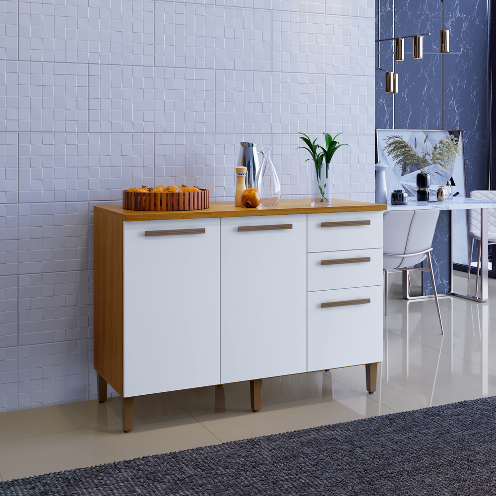 Balcão Diamante 3 Portas 2 Gavetas Arte Móveis Freijó/Branco