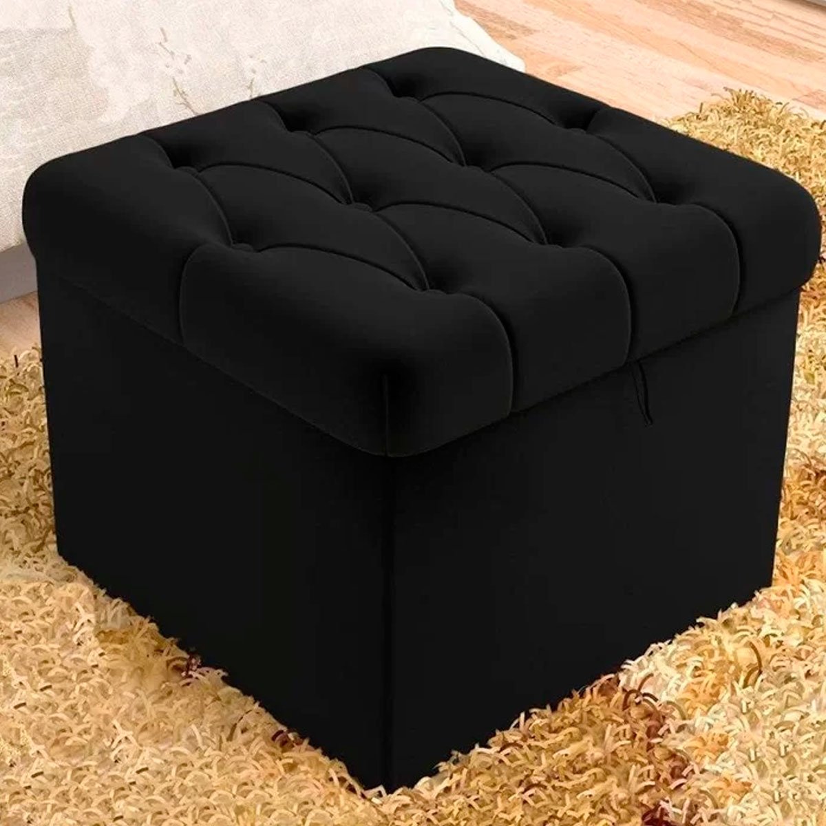 Puff Baú Quadrado Sapateira Decorativo Captonê Mali  Suede Preto