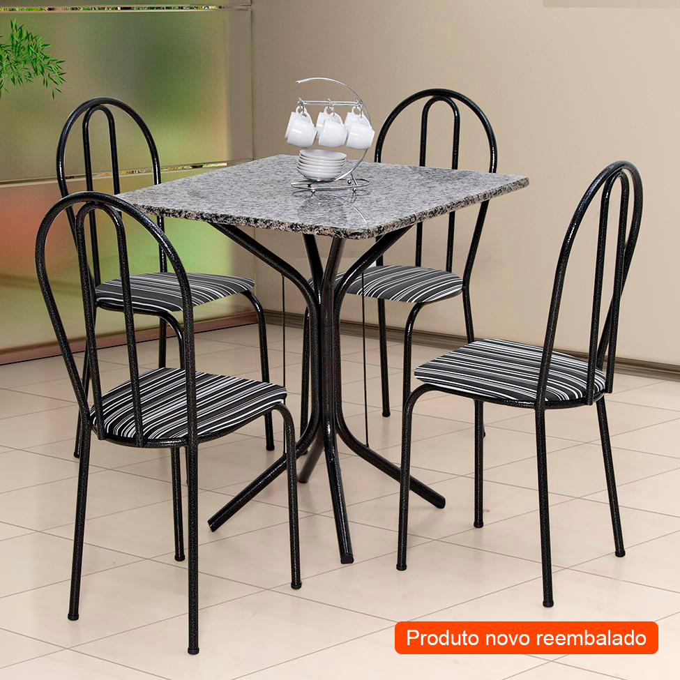 [OUTLET] Conjunto de Mesa com 4 Cadeiras Thais Craqueado Preto Listrado Branco e Preto