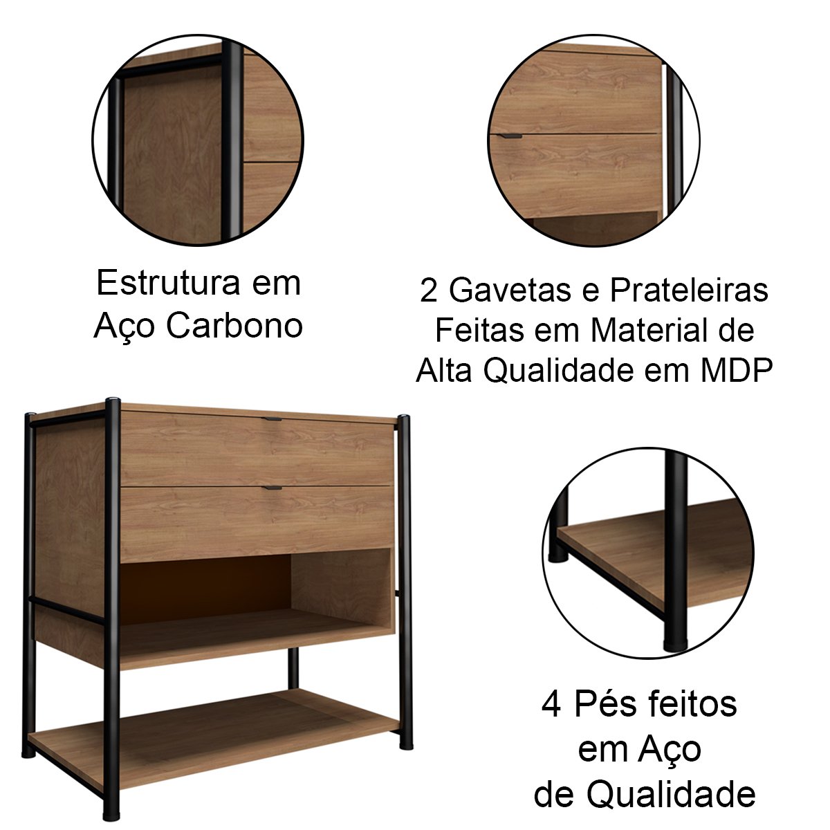 Cômoda 2 Gavetas Nicho Aberto Prateleira Inferior Estrutura Aço MDP Alice Preto / Demolição