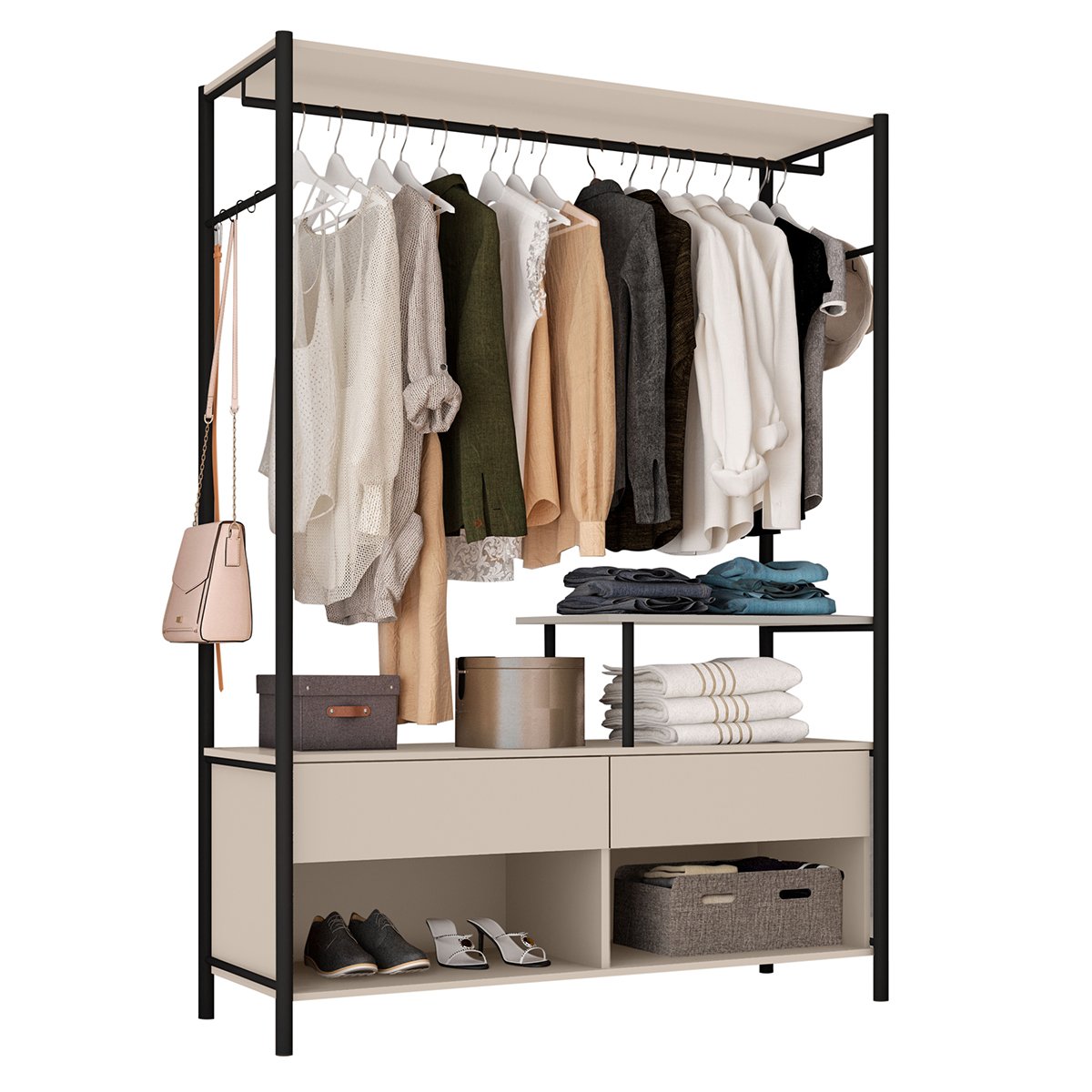 Guarda-Roupa 3 Prateleiras 2 Gavetas Aço Carbono e MDF com e Cabideiro Bianca Off White