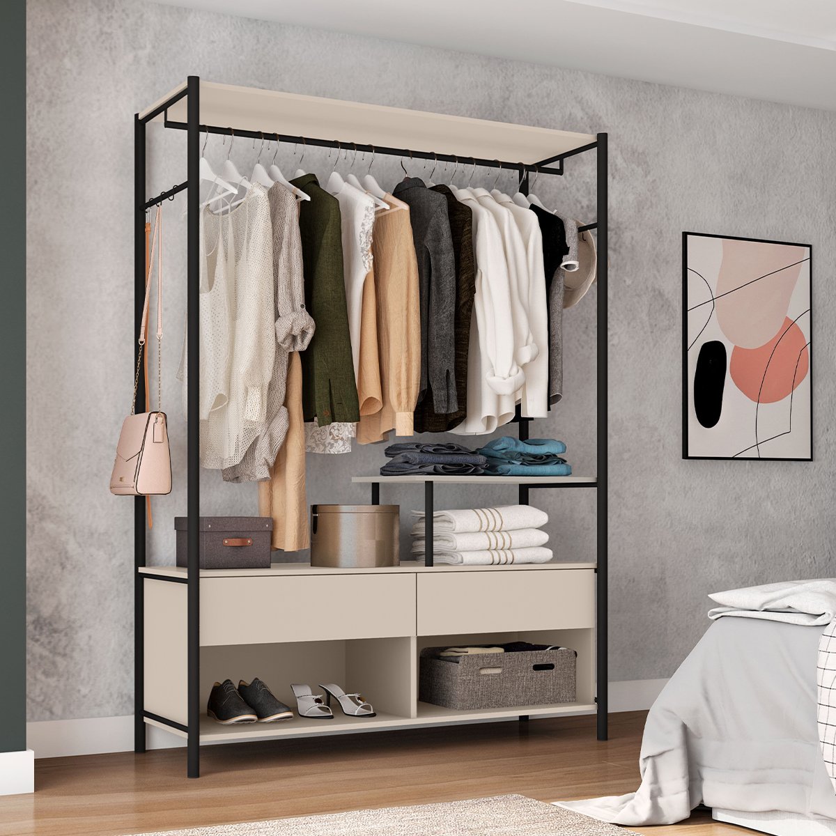 Guarda-Roupa 3 Prateleiras 2 Gavetas Aço Carbono e MDF com e Cabideiro Bianca Off White