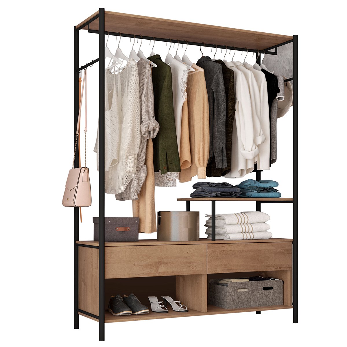 Guarda-Roupa 3 Prateleiras 2 Gavetas Aço Carbono e MDF com e Cabideiro Bianca Preto / Demolição