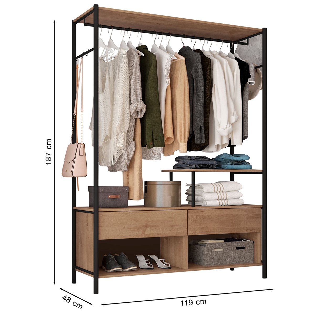 Guarda-Roupa 3 Prateleiras 2 Gavetas Aço Carbono e MDF com e Cabideiro Bianca Preto / Demolição