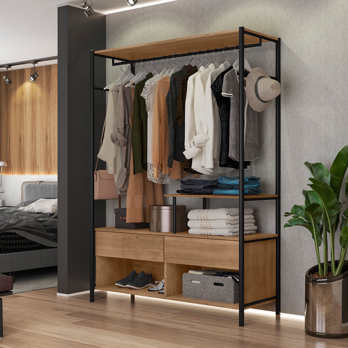 Guarda-Roupa 3 Prateleiras 2 Gavetas Aço Carbono e MDF com e Cabideiro Bianca Preto / Demolição