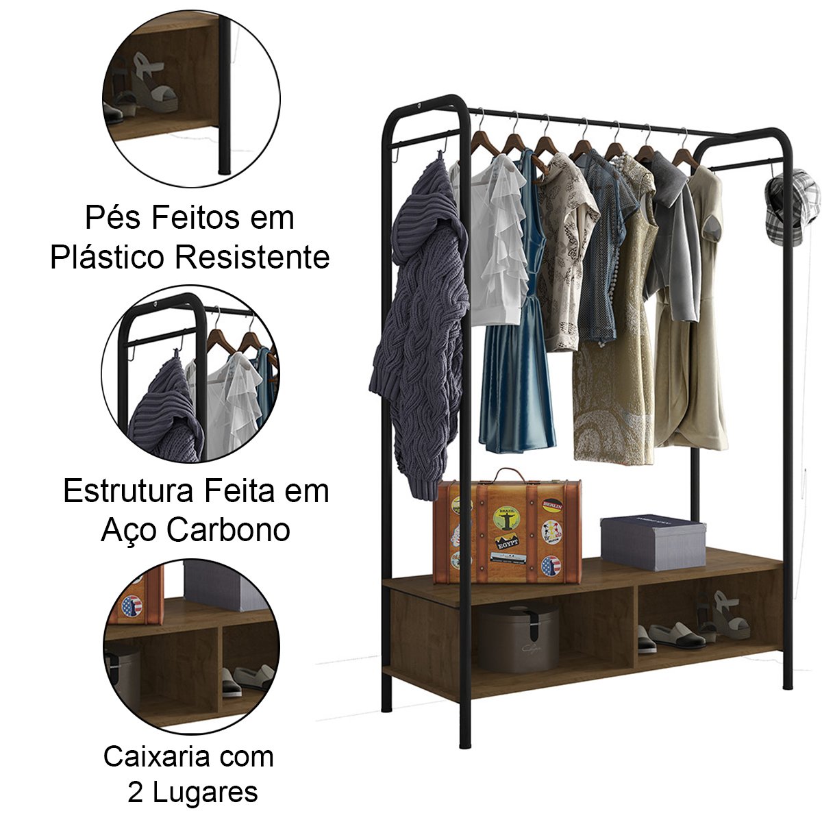 Guarda-Roupa Aço Carbono Caixaria 2 Compartimentos MDF Milena Preto / Demolição
